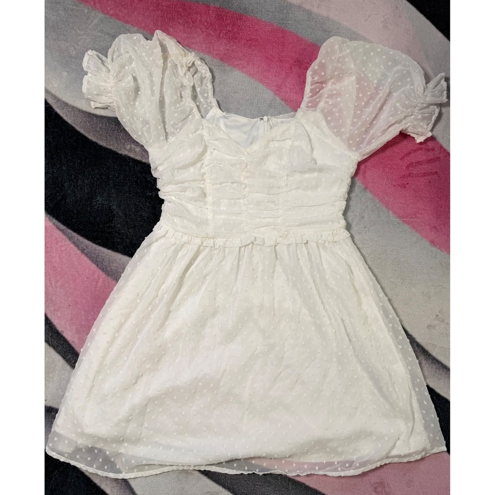 Andree by Unit White Swiss Dot Puff Sleeve Ruched Mini Dress Small Wedding